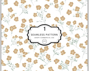 Seamless Flower Digital Pattern, Beige Wildflower Design, Digital Download