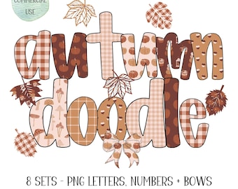 May include: An autumn-themed graphic with the words "autumn doodle" in a mix of patterns and colors, including pumpkins, mushrooms, and plaid. The image includes leaves and a bow, with text indicating PNG letters, numbers, and bows.