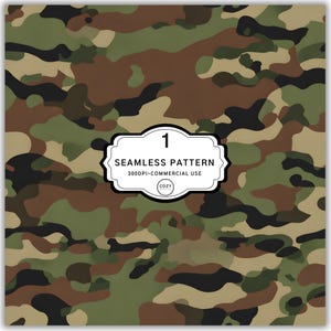 May include: Seamless camouflage pattern in shades of green, brown, and black. The design features irregular shapes and a mottled effect. The image includes a white label with the number 1, the words "SEAMLESS PATTERN", and "300DPI COMMERCIAL USE".
