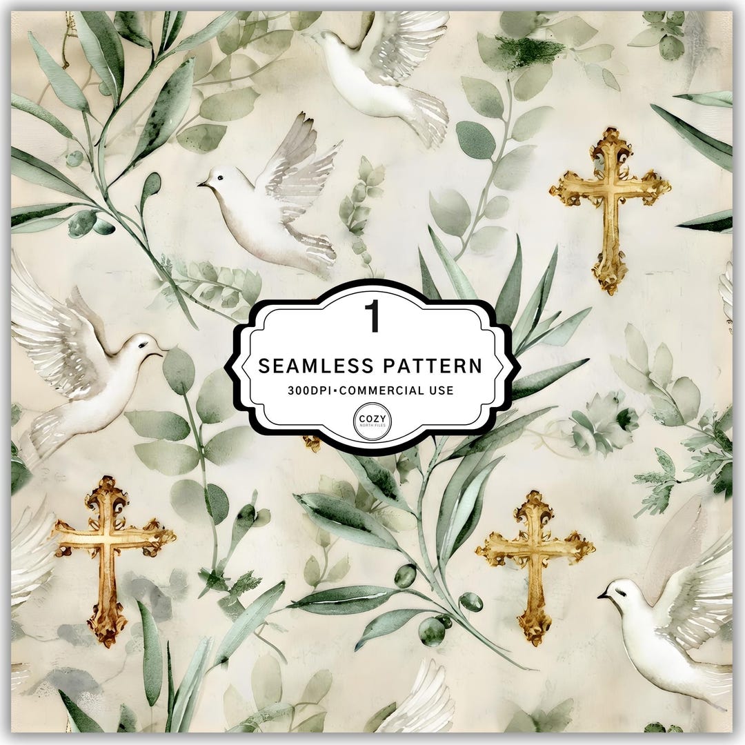 Christian Seamless Pattern With Gold Cross & Dove, Vintage Digital ...