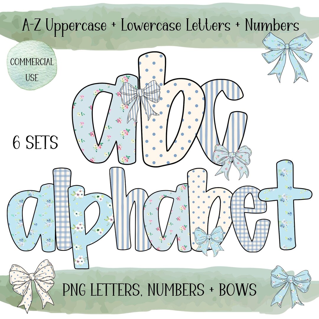 Retro Floral Alphabet PNG Bundle: Preppy Blue Font Clipart (commercial ...