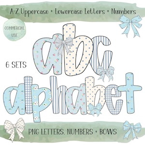 Puede incluir: Conjunto de alfabeto digital con letras mayúsculas y minúsculas, números y lazos. Las letras están decoradas con patrones florales, de lunares y a rayas en colores azul y crema. Incluye el texto "A-Z Uppercase + Lowercase Letters + Numbers" y "PNG LETTERS, NUMBERS + BOWS".