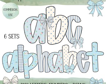 Retro Floral Alphabet PNG Bundle: Preppy Blue Font Clipart (Commercial Use, Digital Download)