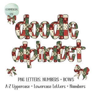 Puede incluir: Un diseño digital con las palabras "doodle alphabet" en un estilo patchwork, utilizando colores rojo, verde y crema. El diseño incluye lazos y el texto "PNG LETTERS, NUMBERS + BOWS" y "A-Z Uppercase + Lowercase Letters + Numbers".