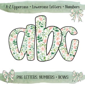 May include: The word "abc" in a cursive font, filled with a floral pattern of pink flowers and green leaves, outlined in black. The image includes text that reads "A-Z Uppercase + Lowercase Letters + Numbers" and "PNG LETTERS, NUMBERS + BOWS". Decorative bows are also present.