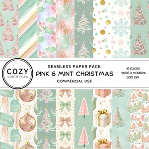 May include: A seamless paper pack with a pink and mint Christmas theme. The design includes Christmas trees, ornaments, bows, and gift boxes. The text on the image reads "COZY NORTH FILES PINK & MINT CHRISTMAS COMMERCIAL USE 16 PAGES 4096 X 4096PX 300 DPI."