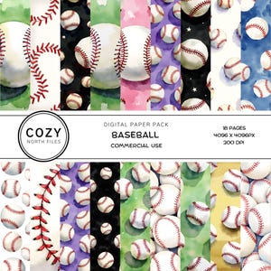 Op de afbeelding: Digitaal papierpakket met aquarel honkballen met rode stiksels op verschillende gekleurde achtergronden. Het pakket bevat 18 pagina's, met de tekst "BASEBALL" en "COMMERCIAL USE". Het Cozy North Files-logo is ook zichtbaar.