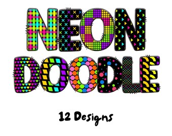 Neon Doodle Alphabet PNG, Neon Doodle Letters, Digital Download, Commercial Use