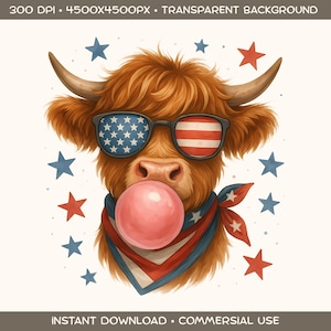 Patriotic 4th Of July Highland Cow PNG, USA Flag Cow Sublimation Clipart, Memorial Day Shirt Design. American Farm Animal, Commercial Use