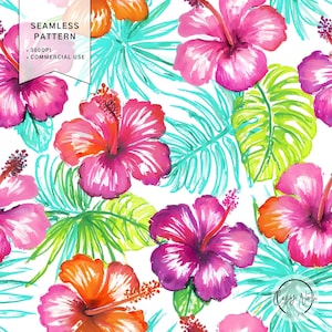 May include: A seamless pattern featuring vibrant pink and orange hibiscus flowers interspersed with bright green and turquoise tropical palm leaves on a white background. The image includes text that reads SEAMLESS PATTERN 300DPI COMMERCIAL USE.