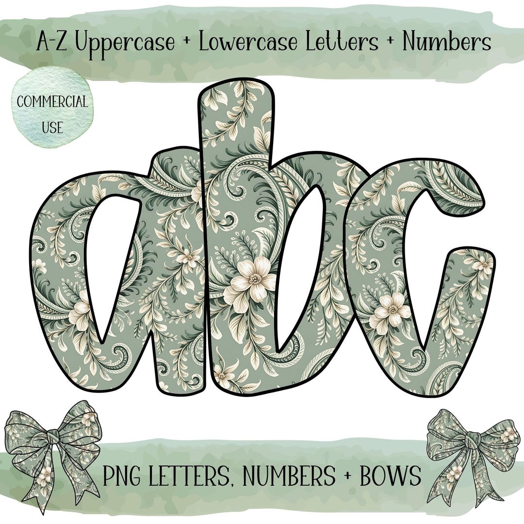Preppy Floral Alphabet PNG Bundle – Sage Green Grandmillenial Alphabet ...
