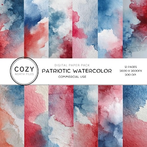 Patriotic Watercolor Digital Paper, Red, White and Blue Digital Background,4th of July Scrapbook Paper, USA Color Paper Pack , Independence