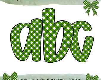 Green Doodle letters, Gingham Grandmillenial Alphabet, Rustic Letters Clipart, Commercial Use