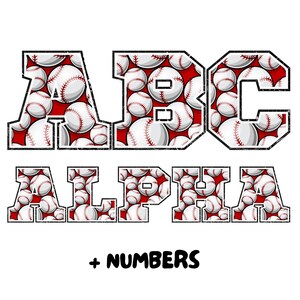Könnte beinhalten: Weißer Hintergrund mit den Buchstaben "ABC" und "ALPHA" in einer fetten, schwarzen Umrisschrift. Die Buchstaben sind mit Basebällen auf rotem Hintergrund gefüllt. Der Text "+ NUMBERS" steht darunter.
