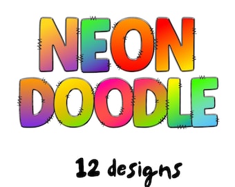 Doodle Letters PNG Bundle, Neon Doodle Alphabet, Digital Download, Commercial Use