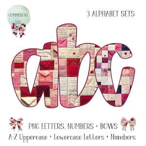 May include: A digital graphic featuring the letters "abc" in a patchwork design of red and pink hues. The letters are filled with squares of fabric, some resembling envelopes and handwritten notes. Text includes "3 ALPHABET SETS" and "PNG LETTERS, NUMBERS + BOWS".