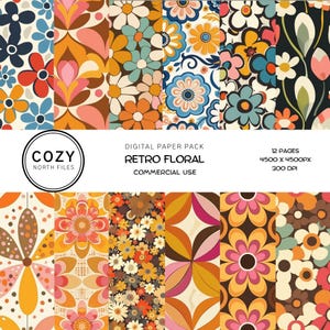 Può includere: Un pacchetto di carta digitale con 12 pagine di motivi floreali retrò. I disegni presentano fiori colorati nelle tonalità dell'arancione, del rosa, del blu e del marrone. Il pacchetto include il testo "COZY NORTH FILES", "RETRO FLORAL" e "COMMERCIAL USE".