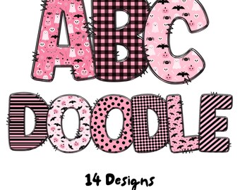 Pink Halloween Doodle Alphabet PNG Bundle: Spooky Font Clipart (Commercial Use, Digital Download)