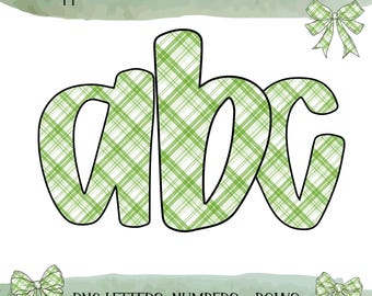 Green Doodle letters, Gingham GrandmillenialAlphabet, Rustic Letters Clipart, Commercial Use
