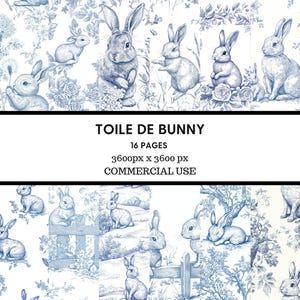 Blue Toile De Jouy Bunny Digital Pattern, Light Blue White, French Vintage Animal Junk Journal Scrapbook paper, Baby Boy Nursery, Commercial