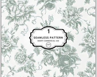 Green Toile De Jouy Seamless Pattern, Grandmillennial Floral Pattern, Commercial Use, Digital Download