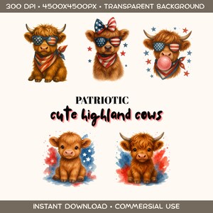 4th Of July Highland Cow Sublimation, Patriotic Highland Cow Png. USA Patriotic Clipart, Highland Cow Shirt Design, Memorial Day Png