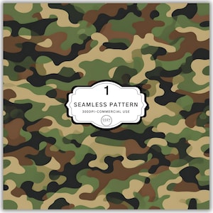 Peut inclure: Motif de camouflage sans couture dans les tons de vert, marron et noir. Le motif présente un motif irrégulier et organique. Une étiquette blanche avec le texte "1 SEAMLESS PATTERN 300DPI COMMERCIAL USE COZY" est au centre.