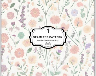 May include: A seamless pattern with a floral design in pastel colours, including pink, purple, and yellow flowers, and green foliage on a white backdrop. The image includes the text "1 SEAMLESS PATTERN 300DPI COMMERCIAL USE COZY".