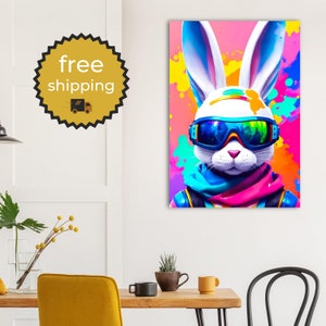 cool bunny poster for trendy home, humorous funny long-eared wall decoration, modern colorful animal art for home, decoration for animal lovers