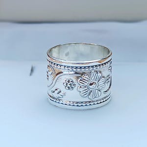 Silver Flower Band  Ring 925 Sterling Silver Ring, Flower Design Ring, Minimalist Ring, Wide Band Ring, Wedding, Silver Jewelry Gift For