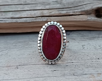 Handmade Indian Ruby Ring: 925 Sterling Silver Boho Statement Ring