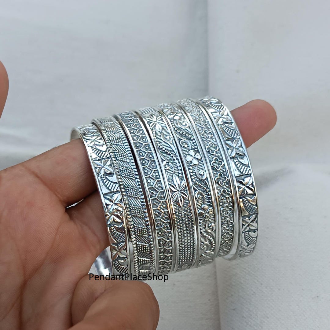 Handmade Sterling Silver Flower Bangles - Set of 7 - Etsy