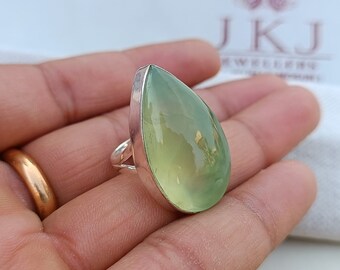 Handmade Sterling Silver Prehnite Ring: Green Stone Statement Ring
