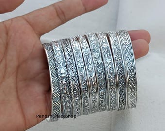 9-piece Sterling Silver Flower Bangle Set: Western Indian Jewelry