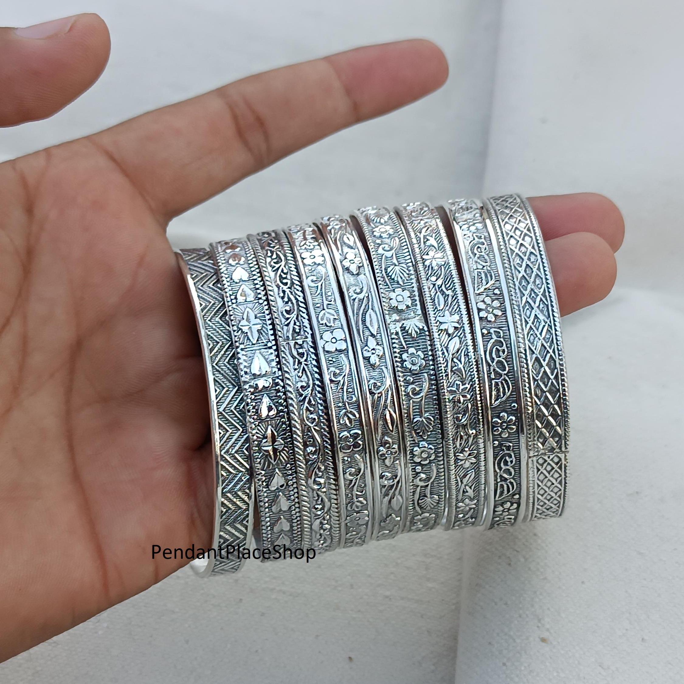 9-piece Sterling Silver Flower Bangle Set: Western Indian Jewelry