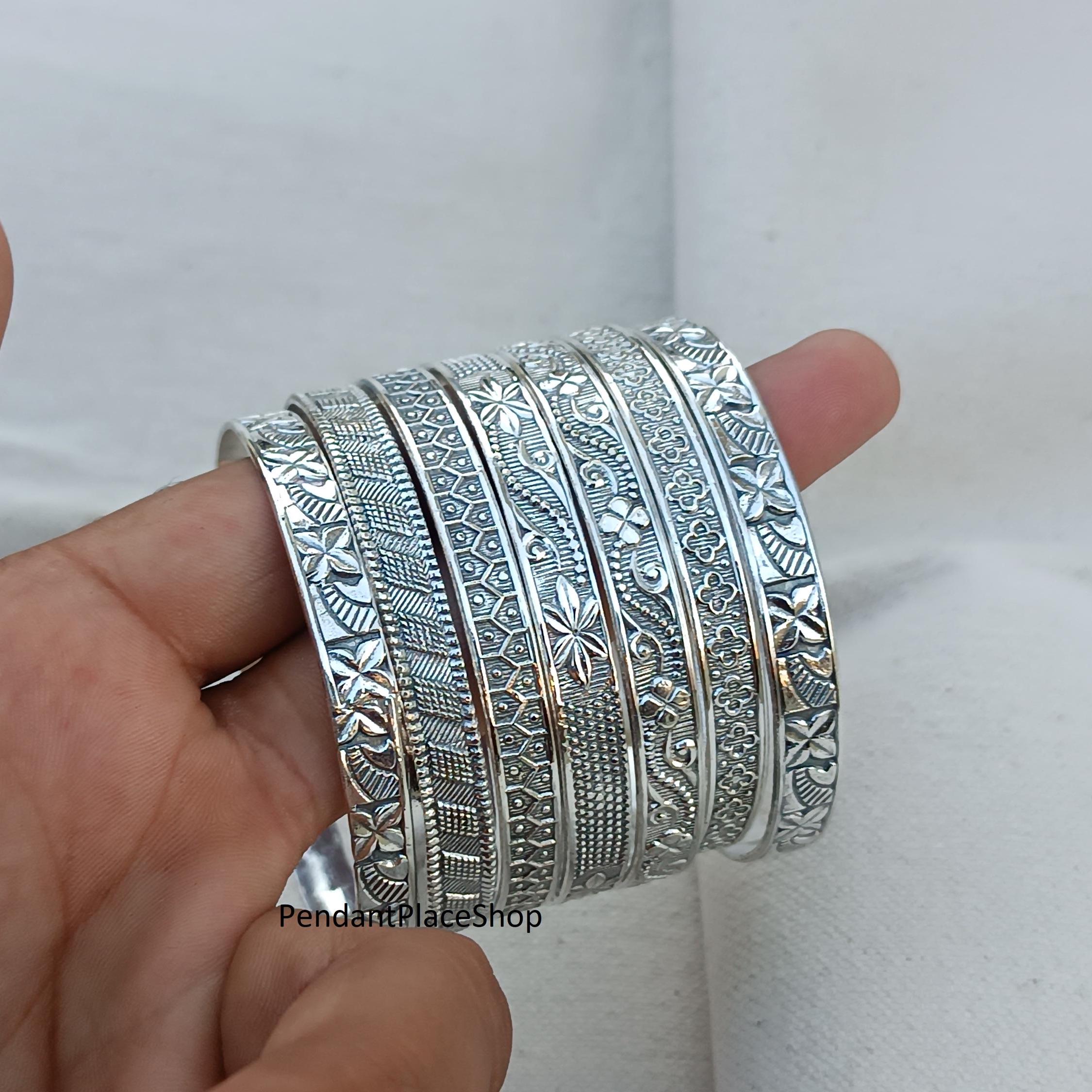 Handmade Sterling Silver Flower Bangles - Set of 7 - Etsy