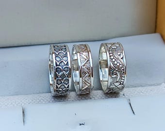 Ensemble d'anneaux empilables en argent sterling : anneaux larges fleurs