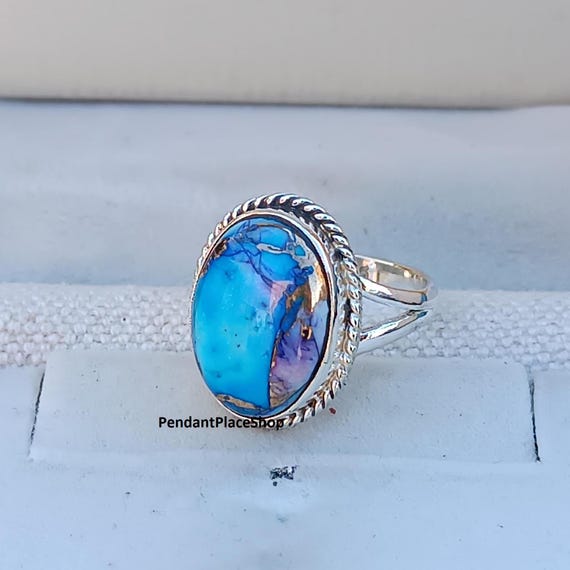 Handmade Sterling Silver Turquoise Ring: Violet Blue Dahlia Oyster