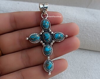 Sterling Silver Blue Copper Turquoise Cross Pendant