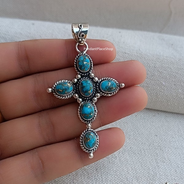 Blue Copper Turquoise Cross Pendant, 925 Sterling Silver Cross Pendant, Blue Gemstone Pendant ,Silver Cross Pendant ,Silver Pendant