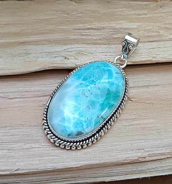 Handmade Oval Larimar Pendant: 925 Sterling Silver Necklace