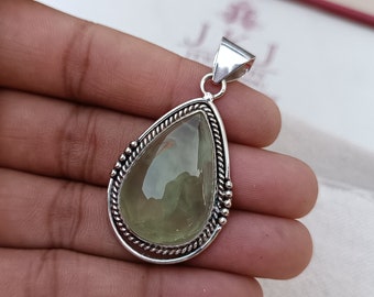 Handmade Oval Prehnite Gemstone Pendant: 925 Sterling Silver Jewelry