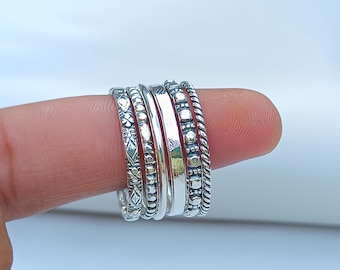 Set di 6 anelli impilabili in argento sterling, anelli sottili e spessi, anelli intrecciati con perline delicate con motivi assortiti, anello punteggiato, anelli per il pollice