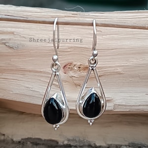 Handmade Pear Black Onyx Earrings: 925 Sterling Silver Dangle Earrings