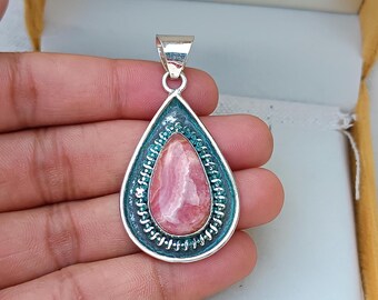 Sterling Silver Pink Rhodochrosite Teardrop Pendant
