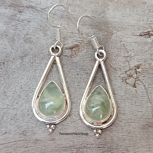 Prehnite Earring, Solid 925 Sterling Silver Earring, Cabochon Earring, Green Earring, Prehnite Jewelry, Handmade Earring, Wedding Gift