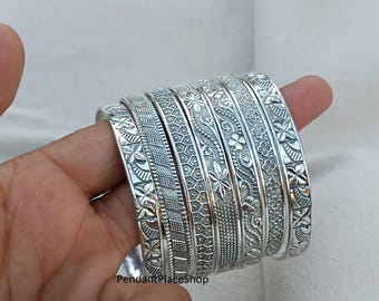 Handmade Sterling Silver Flower Bangles - Set of 7 - Etsy