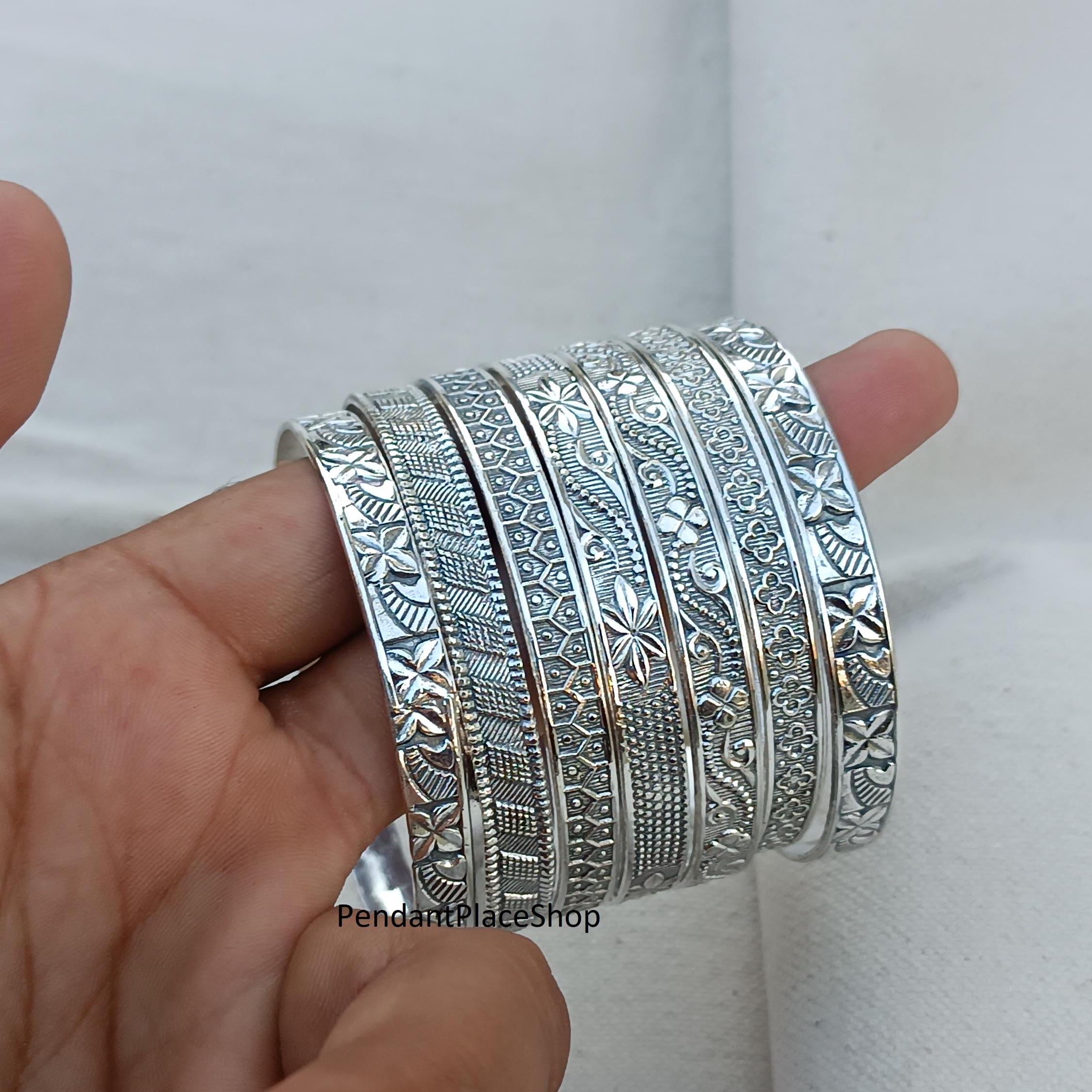 Handmade Sterling Silver Flower Bangles - Set of 7 - Etsy