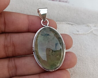 Handmade Oval Prehnite Gemstone Pendant: 925 Sterling Silver Jewelry
