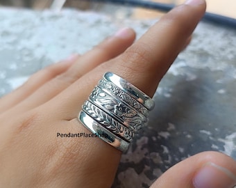 Ensemble de bagues empilables en argent sterling faites main : anneaux floraux gravés